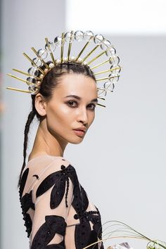 "Amazing and beautiful collection of halos that was presented at Moscow Fashion Week AW 2019. This is our most extravagant crown which is made using light weight brass tubes attached using a very special technique to a headband. To create this heavenly feel I used acrylic globes. The crown is pretty big but sits comfortably and secure. For your festival needs, please ensure you have hair pins to keep in place. This halo is must have for those following fresh fashion trends! Beretk!Ah... has a ch Royal Headpiece, Secret Garden Party, Secret Garden Parties, Groom Shirts, Gold Headpiece, Holy Moly, Cocktail Hat, Gala Dresses, Burning Man