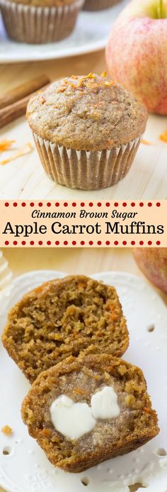 an apple carrot muffin is cut in half and sitting on a plate next to another muffin