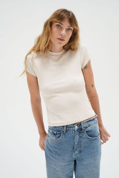 LNA Fitted Rib Crew Tee in Bone Relaxed Stretch Tops For Everyday, Fitted Minimalist Everyday T-shirt, Relaxed Stretch Cotton Tops, Everyday Fitted Ribbed Bottoms, Fitted Ribbed Bottoms For Everyday, Casual Second-skin Short Sleeve Top, Slim Fit Crew Neck Top For Spring, Classic Second-skin Tops In Solid Color, Classic Second-skin Solid Tops