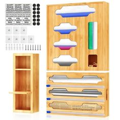 a wooden box filled with lots of crafting supplies next to a ruler and pen holder