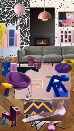 an image of a living room with furniture and decor on the floor in different colors