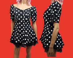 "*Black and white polka dot mini dress with lace trim crinoline, ruched short sleeves and boning Button closure Lined Feels like polyester, no stretch Very good pre-owned condition, minimal normal wear. No tears, holes or stains. Chest, at underarms: 36\" Waist: 30\" Hip: 40\" Length, from shoulder: 29\"" Polka Dot Mini Dress With Short Sleeves, Fitted Polka Dot Dress With Lace Trim, Polka Dot Short Sleeve Mini Party Dress, Polka Dot Short Sleeve Mini Dress For Spring, Spring Polka Dot Mini Dress With Short Sleeves, Mini Dress Puff Sleeves, Polka Dot Mini Dress, Dress Clothes For Women, White Polka Dot