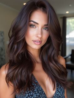 This cocoa brown hairstyle incorporates cool undertones, giving it a slightly edgy, modern feel. The waves are soft and flowing, enhancing the natural oval shape of the face. The cool tones add a subtle contrast to the warm cocoa base, making it an excellent choice for brunettes looking to experiment with a slightly cooler palette while maintaining the richness of their natural color. Hair Color Ideas For Brunettes Brown Skin, Medium Brunette Hair Color, Chocolate Brown Hair Green Eyes, Dark Brown Reddish Hair Color, Dark Brown Hair With Tint Of Red, Cool Tone Brunette Hair Color, Dark Brown Hair With Hint Of Red, Dark Expensive Brunette, Deep Warm Brown Hair