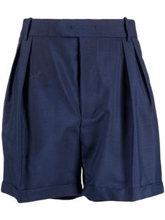 navy blue mohair-wool blend twill weave tailored design pleat detailing belt loops concealed front button fastening two side inset pockets rear button-fastening jetted pocket turn-up cuffs thigh-length Tailored Shorts With Pockets, Tailored Formal Shorts, Classic Formal Bottoms With Short Leg, Elegant Tailored Shorts With Pockets, Classic Formal Shorts With Belt Loops, Formal Fitted Shorts With Pockets, Tailored Elegant Formal Shorts, Elegant Formal Shorts With Belt Loops, Elegant Tailored Shorts For Formal Occasions