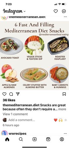 an instagram page with food on it and the caption reads, eat and fill mediterranean diet snacks