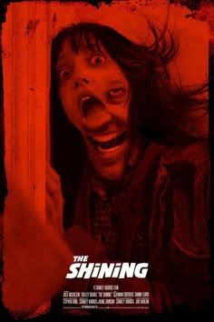 the shining horror movie poster with an evil looking man peeking out from behind a door