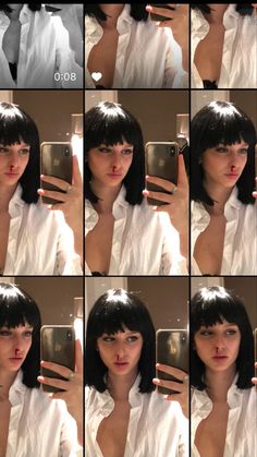 multiple pictures of a woman taking a selfie with her cell phone in front of her face