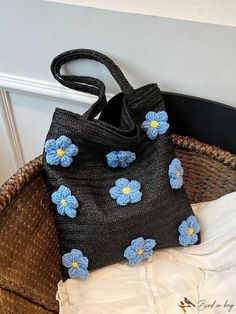 BirdinBag - Vacation-Style Double Handle Flower Decor Straw Bag Vacation Bag, Flower Decor, Word Wrap, Vacation Style, Shoulder Tote Bag, Black Decor, Shoulder Tote, Black Pattern, Womens Tote Bags