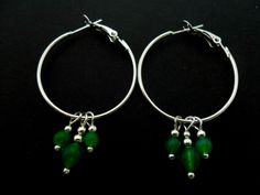 "This is a pair of pretty silver plated 30mm (just over 1\") hoop and green jade bead earrings. Thanks for looking!!" Green Metal Dangle Hoop Earrings, Green Dangle Metal Hoop Earrings, Green Dangle Hoop Earrings In Metal, Green Dangle Hoop Earrings Hypoallergenic, Green Metal Round Bead Earrings, Green Small Hoop Metal Earrings, Nickel-free Green Sterling Silver Hoop Earrings, Small Green Nickel-free Hoop Earrings, Green Hoop Earrings With Dangling Beads