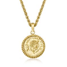 Ross-Simons - Replica Coin Pendant Necklace in 18kt Gold Over Sterling. 20". Our distinctive necklace will add a unique touch to any style. It features a textured and polished replica of an ancient coin in a roped frame of 18kt yellow gold over sterling silver. Suspends from a rope chain. Lobster clasp, replica coin pendant necklace. Ancient Coin, Coin Pendant Necklace, Fine Jewelery, Ancient Coins, Coin Pendant, Fine Jewellery Necklace, Rope Chain, Pendant Jewelry, Coin