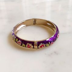 New With Original Bag. Purple And Golded Alloy Hinged Floral Enameled Cloisonne Bangle Bracelet. 0.5" Width. Openable. Beautiful Purple With Flowers. Blue Stone Bracelet, Amethyst Bracelet Beads, Seashell Bracelet, Multi Wrap Bracelet, Colorful Bangles, Pearl Cuff Bracelet, Plastic Bangles, Earthy Jewelry, Lace Bracelet