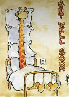 a drawing of a giraffe laying on top of a bed next to pillows