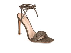 Journee Collection Edelie Pump - High Heels : Brown : Bring on a glamorous touch to your style by slipping into the Journee Collection Edelie Pump. Textile upper with twisted strap detailing. Textile lining with 5 mm Tru Comfort Foam footbed to ensure superior cushioning. Open square toe silhouette. High stiletto heel. Ankle wrap silhouette with tie closure. Durable man-made outsole. Imported. Measurements: Heel Height: 4 ½. Weight of footwear is based on a single item, not a pair. Fitted Strappy Sandals With Wrapped Heel, Elegant Fitted Sandals With Square Toe, Elegant Square Toe Fitted Sandals, Elegant Fitted Square Toe Sandals, Fitted Square Toe Heels With Wrapped Heel, Fitted Sandals With Wrapped Heel For Date Night, Trendy Fitted Heels With Heel Loop, Fitted Sandals With Straps For Party, Formal Sandals With Square Toe