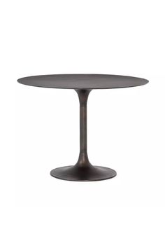 an oval table with a metal base on a white background, the top is black