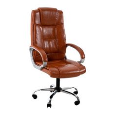 a brown leather office chair with chrome base and arms, viewed from the front on an isolated white background