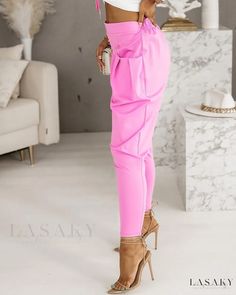 Lasaky - Premium Casual Harem Pants with Innovative Pocket Design Casual Cargo Pants With Pockets For Party, High Waist Pink Pants With Side Pockets, Pink High-waisted Pants With Side Pockets, Pink Ankle-length Pants With Pockets, Pink High-waisted Sweatpants With Pockets, Trendy Cargo Pants For Party, Trendy Cargo Pants With Pockets For Party, Trendy Party Cargo Pants With Pockets, Straight Leg Bottoms For Party