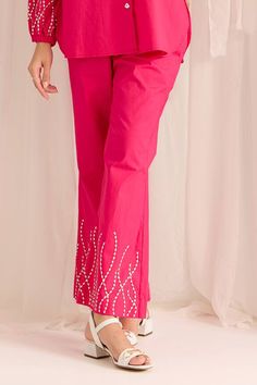 Pink shirt with placed sequin bead embellished wave patterns. Comes with matching pant. - Aza Fashions Pant Women, Embellished Shirt, Pant For Women, Sequin Shirt, Beaded Neckline, Pink Pants, Sequin Beading, Wave Pattern, Pants Pattern