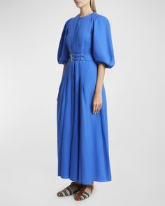 Gabriela Hearst Elea Puff-Sleeve Belted Pleated Maxi Dress | Neiman Marcus Contemporary Dresses, Gabriela Hearst, Daytime Dresses, Pleated Maxi Dress, Pleated Maxi, Side Split, Luxury Women, Puff Sleeves, Pleated Skirt