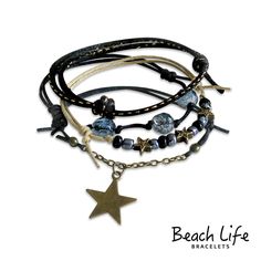 Star Gaze Bracelet $14.99 Wear the beauty of the heavens on your arm! Bronze star charms, iridescent beads and golden glass beads hang from four unique cords and chains. Stack up on style with 4 pieces in this FUN beach bracelet set!  • jewelry type - slip knot bracelets  • style - beach, surf, bohemian  • charm bracelet - stars  • charm theme - nature, sky  • size - adjustable bracelets fit a 6-10 inch wrist  • color - neutrals, black Star Gaze, Grunge Accessories, Theme Nature, Bracelet Pack, Wave Bracelet, Bracelet Knots, Jewelry Accessories Ideas, Funky Jewelry, Star Bracelet