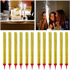 yellow sparkler candles with red tips are on the table and in front of two women