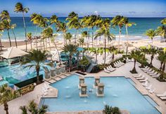 an outdoor swimming pool surrounded by palm trees and beach chairs with the ocean in the background