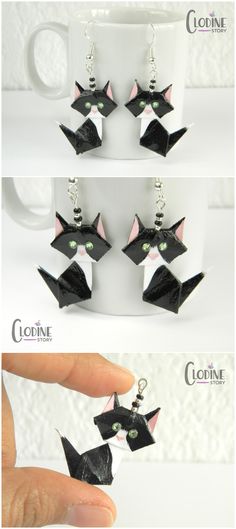 Black & white origami cat earrings, Origami cat, Cat earrings, Paper crafted jewelry, Paper jewelry, Origami jewelry, Cat black and white, Swarovski rhinestones, Cute, Kitty, Kawaii earrings, One of a kind jewelry Handmade Black Crafts For Crafting, Gift Cat Design Earrings, Cute Cat Design Earrings As Gift, Cheap Cat Design Earrings, Cute Black Cat Earrings, Cute Cat Design Dangle Earrings, Kawaii Earrings, Origami Jewelry, Original Gifts