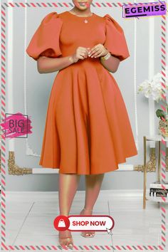 Tangerine Red Casual Solid Patchwork O Neck A Line Dresses Red Puff Sleeve Knee-length Party Dress, Elegant Red Knee-length Puff Sleeve Dress, Chic Red Knee-length Puff Sleeve Dress, Knee-length Solid Color Office Dresses, Solid Color Knee-length Office Dresses, Knee-length Puff Sleeve Dress In Solid Color, Orange Puff Sleeve Dress For Party, Red Knee-length Office Mini Dress, Orange Puff Sleeve Party Dress