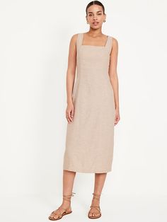 Sleeveless Square-Neck Midi Dress | Old Navy Linen Dress Pattern, Petite Midi Dress, Dress Square Neck, Midi Dress Plus Size, Feminine Blouses, Linen Midi Dress, Square Neck Dress, Apron Dress, Flattering Dresses