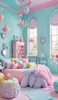 a bedroom decorated in pastel colors with pink and blue accents