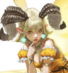 an anime character with big ears and yellow dress holding her hand to her face while posing for the camera