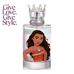 a bottle with an image of a woman on it and the words give love, give style