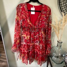 Free People Dress Red Floral Print Mini Dress For Casual Occasions, Flowy Red Midi Dress For Fall, Red V-neck Mini Dress For Dress Down Occasions, Casual Red V-neck Mini Dress, Red Floral Print Dress For Brunch, Red Mini Dress For Brunch, Flowy Red Dress For Fall, Red Floral Print Mini Dress For Fall, Red Mini Dress For Fall Brunch