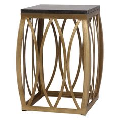 a gold metal and marble side table with curved design on the top, against a white background