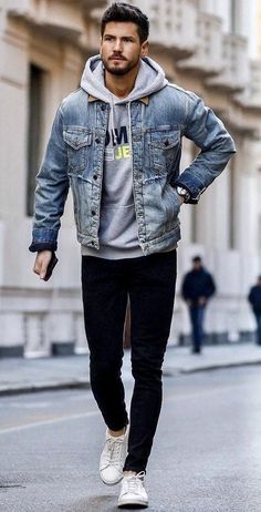 Outfits Quotes, Hoodie Outfit Men, Denim Jacket With Hoodie