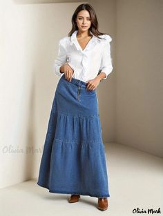 Olivia Mark - Premium Plus Size Denim Skirt: Womens Elegant High Rise Maxi Denim Skirt with Smock Detail Plus Size Denim Skirt, Maxi Denim Skirt, Estilo Denim, Plus Size Denim, Denim Maxi Skirt, Olivia Mark, Autumn Summer, Denim Fashion, Denim Skirt