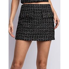 This piece, perfect for everyday wear, embodies a casual aesthetic with a unique metallic tweed design and faux pocket detail Tweed Mini Skirt, Short Loungewear, Pocket Detail, Skirt Pants, Sweater Jacket, Short Pants, Hair Jewelry, Denim Skirt, Sweater Top