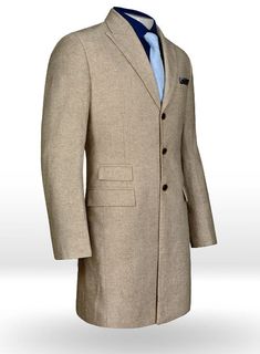 Vintage Herringbone Light Beige Tweed Long Coat with Pocket Flaps. 
 Timeless yet perfectly modern, the Tweed coat is sure to be an essential part of your wardrobe for years to come. Wear over a sharply-tailored suit for formal elegance. 
 
 Look Includes  Vintage Herringbone Light Beige Tweed Fabric  Pocket Flaps  Three Button Jacket  Real Horn Brown Button  Peak Lapel(4"inch wide lapel)  Ticket Pocket  Single Vent  Four Cuff Button   
 You can change the look by changing the options. 
 
 Made Fitted Tweed Wool Long Coat, Formal Tweed Outerwear With Hidden Button Closure, Fitted Long Tweed Wool Coat, Beige Notch Lapel Tweed Jacket For Business, Fitted Beige Wool Coat For Business, Winter Business Casual Tweed Jacket With Pressed Crease, Formal Fitted Tweed Wool Coat, Elegant Tweed Wool Coat For Business, Tailored Tweed Wool Coat With Lapel Collar