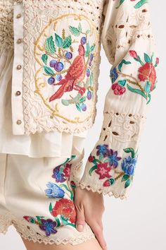 Ivory chanderi short jacket with floral, thread and beaded applique embroidery. - Aza Fashions Short Jacket Women, Prints Inspiration, Floral Lapel, Lace Shirts, Ladies Short Jackets, Next Dresses, International Style, Applique Embroidery, Beaded Applique