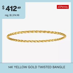 Features: Quick ShipCircumference: 8 InchMetal Color: YellowChain Width: 2.5 MillimetersChain Construction: LinkCare: Wipe CleanBracelet Type: Bangle BraceletsMetal: 14k GoldCountry of Origin: Imported Twisted Bangle, Bracelets Bangle, Bangle Bracelet, Bangle Bracelets, Bangles, Twist, Yellow Gold, Bracelet, Yellow