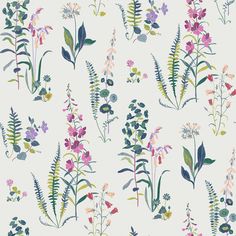 a white wallpaper with various flowers and leaves on the back ground, all in different colors