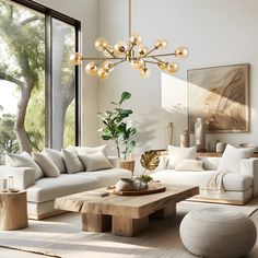 a living room filled with lots of furniture and a large window that looks out onto the outdoors