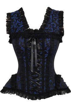 Overbust corset made of high quality brocade and lace fabrics 10 Spiral Steel boned with 2 Flat steel bones Delicate lace detailing Ribbon tie closure at back for cinching Privacy Panel Lined Hand Wash Fitted Corset With Attached Cancan, Steampunk Underbust Lace Corset, Steampunk Lace Underbust Corset, Lace Underbust Steampunk Corset, Fitted Lace Corset Belt With Lace Trim, Lace Overbust Corset With Corset Back, Lace Fitted Corset For Costume Party, Lace Overbust Corset Dress For Costume, Steampunk Lace Fitted Corset Dress