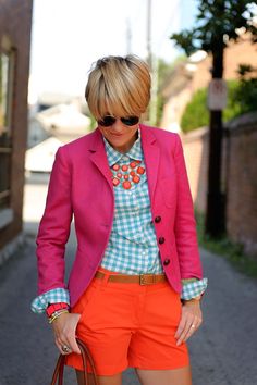 Bright Blazer, Stella Dot Style, Dot Jewelry, Orange Shorts, Penteado Cabelo Curto, Closet Fashion, Looks Style, Primavera Estate, Preppy Style