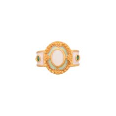 Moonstone & Emerald Gold Vermeil Over 925 Sterling Silver Enameled Ring 925 Silver = 5.90 gm. Moonstone & Emerald  = 1.10 ct. The beautiful ring measures to be a size US 7 & can be re-sized as per requirement. If for any reason you are not completely satisfied, you may return, exchange, replace, or credit your purchase within 15 days from delivery. Wholesale Enquiries? Contact us & we will get in touch with you! Oval Cabochon Enamel Rings, Oval Enamel Cabochon Rings, White Enamel Gemstone Ring, Oval Enamel Rings With Gemstone, Oval Enamel Ring With Cabochon For Anniversary, White Enamel Ring With Gemstone For Anniversary, Enamel Ring, Silver Art, Beautiful Ring