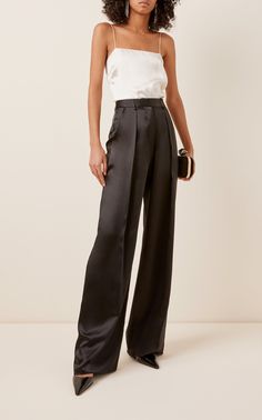 Wide Satin Pants Outfit, Aritzia Trousers Outfit, Black Satin Trousers Outfit, Satin Camisole Outfit, Silk Trousers Outfit, Party Outfit Pants, Satin Trousers Outfit, Minimal Pants, Silk Pants Outfit