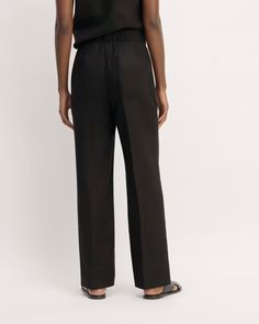 The Linen Easy Pant Black – Everlane Chic Linen Wide Leg Pants With Pull-on Style, Linen Tapered Leg Pants With Pull-on Style, Chic Linen Bottoms With Elastic Waistband, Chic Linen Pull-on Pants, Linen Pull-on Pants For Daywear, Spring Linen Wide Leg Pants With Pull-on Style, Daywear Linen Pants With Elastic Waistband, Linen Pants With Elastic Waistband For Daywear, Chic Straight Fit Summer Bottoms