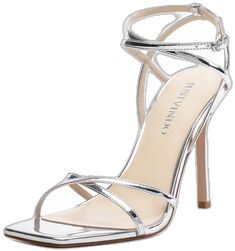 Silver Heels Aesthetic, Birthday Heels, Stiletto Sandals Ankle Straps, Hoco Heels, Sliver Heels, Heels For Wedding, Single Strap Heels, Heels Design, Silver Strappy Heels