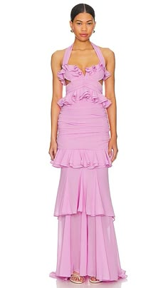 Find MAJORELLE Jerry Gown In Pink on Editorialist. MAJORELLE Jerry Gown in Pink. - size M (also in S, XL, XXS) MAJORELLE Jerry Gown in Pink. - size M (also in S, XL, XXS) Elevate your evening look with the MAJORELLE Jerry Gown in Lilac Pink. Made from luxurious georgette fabric, this gown boasts playful ruffle trim for a fun and frilly touch. Whether it's a special event, gala, or a night on the town, embrace the whimsical elegance of this gown and make a statement in lilac pink.. Self: 100% pol Feminine Fitted Gown For Cocktail, Feminine Fitted Floor-length Evening Dress, Elegant Dressing, Gown Pink, Preppy Dresses, Lilac Pink, Garden Dress, Pink Gowns, Georgette Fabric