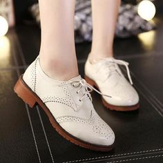 Brogue Oxford Women Flats Shoes sold by Tony Moly Store on Storenvy Casual Low Heel Lace-up Shoes, Casual Lace-up Shoes With Brogue Detailing And Low Heel, Casual Low Heel Oxfords For Spring, Casual White Flat Oxfords, White Casual Oxfords For Fall, Casual White Oxfords For Fall, Oxford Booties, Wingtip Shoes, Oxford Brogues