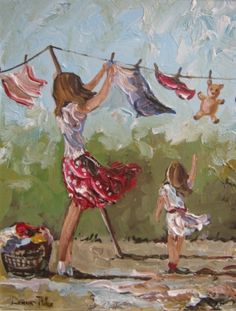 "Hanging the washing out" by Lorna Millar Laundry Painting, Clothesline Art, Kinsale Ireland, Smelly Towels, Clothes Lines, Laundry Art, West Cork, Vintage Laundry, Washing Line